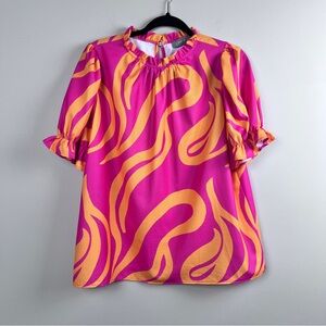 Vibrant Pink Orange Women's Blouse Pixi and Ivyflutter sleeves geometric large